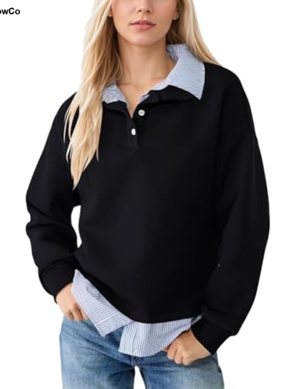 Women's Patchwork Striped 2-in-1 Shirt Sweatshirt Lapel Collar Long Sleeve
